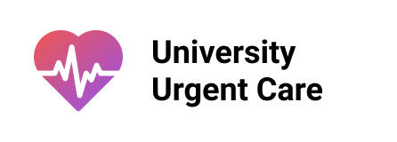 Logo for University Urgent Care, featuring a gradient heart icon with a heartbeat line inside, accompanied by the text 'University Urgent Care' in bold black font.