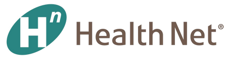 Logo for Health Net, featuring the company name in brown with a green circular symbol above the text.