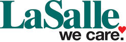 Logo for LaSalle, featuring the company name in green with a red heart symbol and the tagline 'we care'.