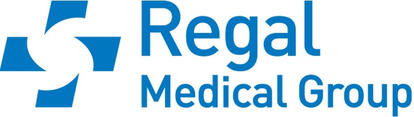 Logo for Regal Medical Group, featuring the company name in blue with a blue abstract symbol resembling a star or cross.